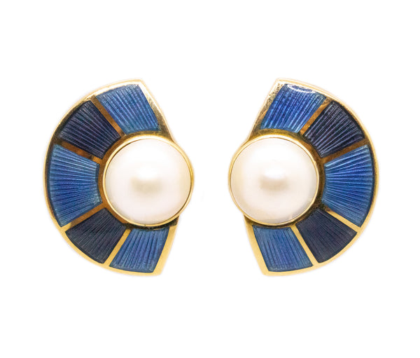 LEO DE VROOMEN 18 KT BLUE ENAMELED EARRINGS WITH PEARLS