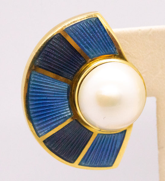 LEO DE VROOMEN 18 KT BLUE ENAMELED EARRINGS WITH PEARLS