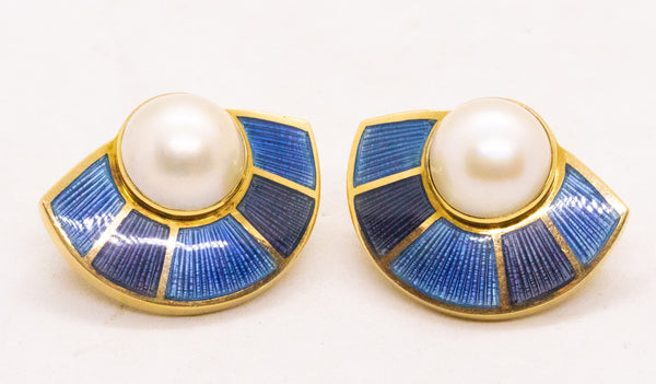 LEO DE VROOMEN 18 KT BLUE ENAMELED EARRINGS WITH PEARLS