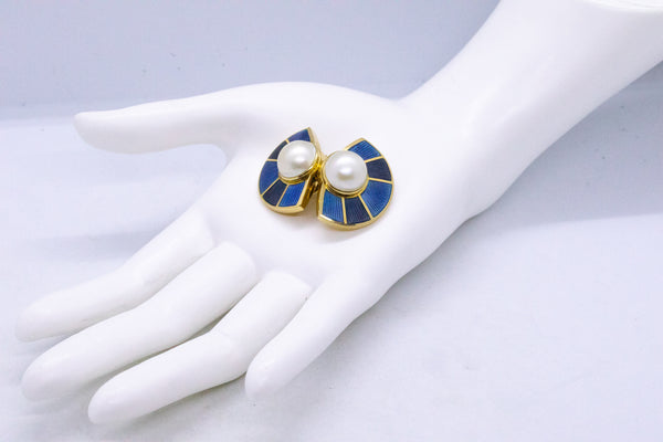 LEO DE VROOMEN 18 KT BLUE ENAMELED EARRINGS WITH PEARLS