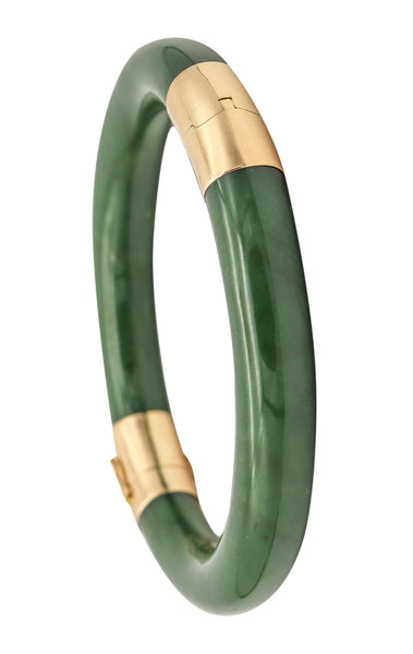 Gumps San Francisco Nephrite Green Jade Bangle Bracelet Mounted In 14Kt Yellow Gold