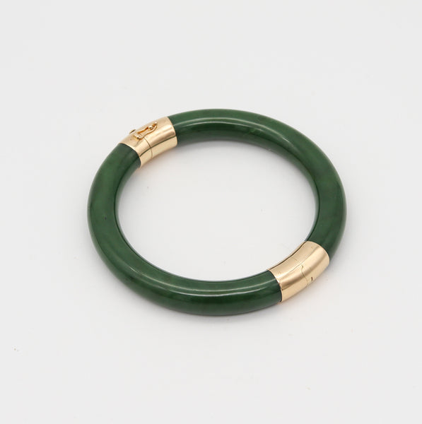 Gumps San Francisco Nephrite Green Jade Bangle Bracelet Mounted In 14Kt Yellow Gold