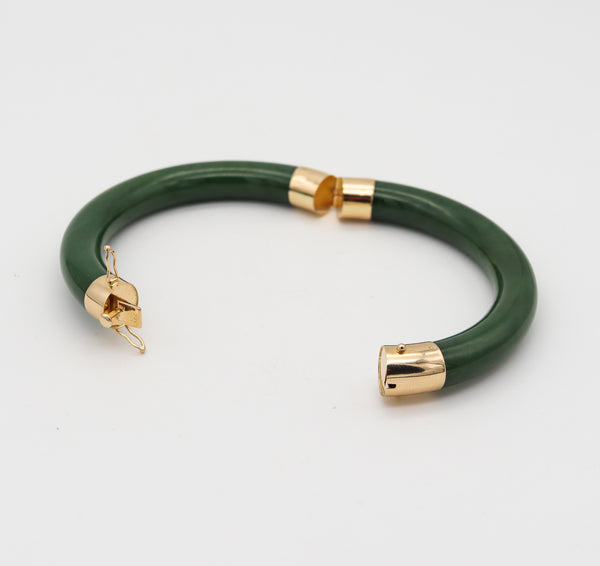 Gumps San Francisco Nephrite Green Jade Bangle Bracelet Mounted In 14Kt Yellow Gold