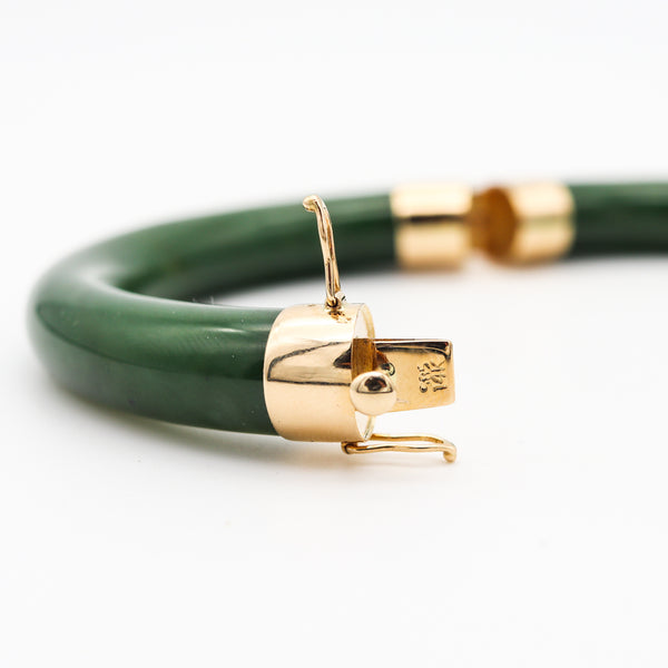 Gumps San Francisco Nephrite Green Jade Bangle Bracelet Mounted In 14Kt Yellow Gold