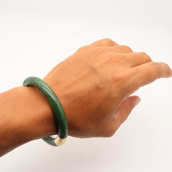 Gumps San Francisco Nephrite Green Jade Bangle Bracelet Mounted In 14Kt Yellow Gold