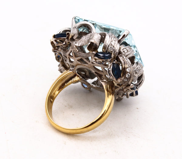 *Gia certified Mid-Century 1960 ring in18 kt gold with 50.81 Cts in aquamarine sapphires & diamonds