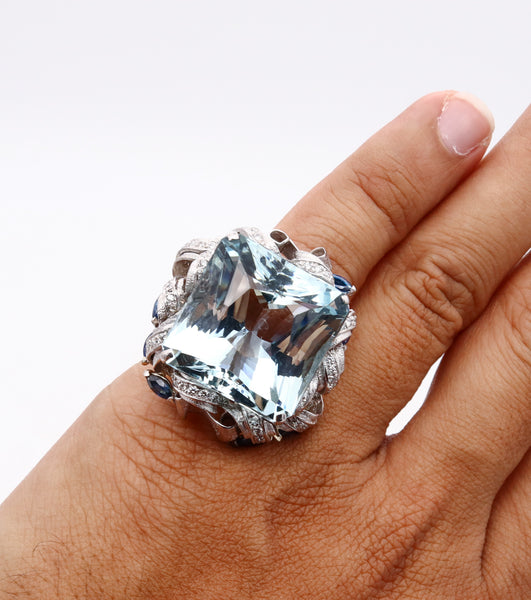 *Gia certified Mid-Century 1960 ring in18 kt gold with 50.81 Cts in aquamarine sapphires & diamonds