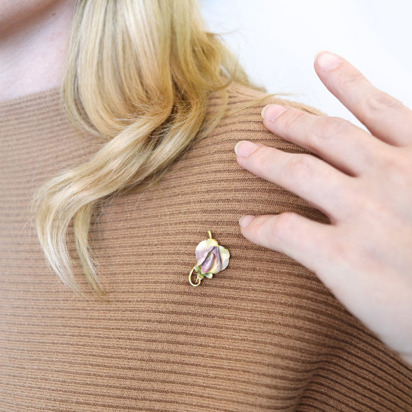 -Art Nouveau 1900 Edwardian Enamel Orchid Flower Brooch In 18Kt Yellow Gold