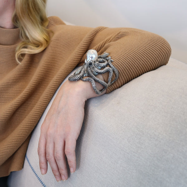 OCTOPUS Italian Sculptural Massive Cuff Bracelet In Solid .925 Sterling Silver.