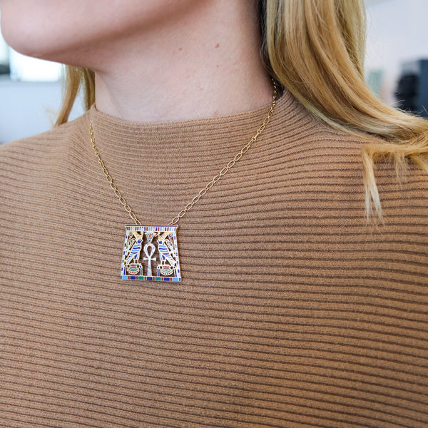 -French 1930 Art Deco Egyptian Revival Necklace in 18Kt Gold With Cloisonne And Diamonds