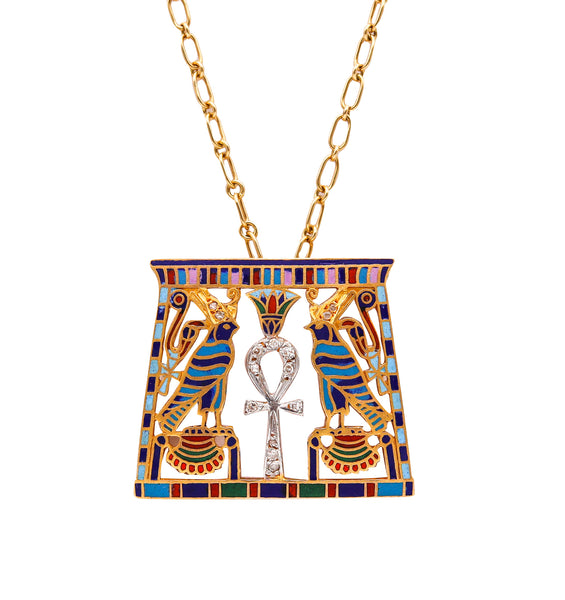 -French 1930 Art Deco Egyptian Revival Necklace in 18Kt Gold With Cloisonne And Diamonds