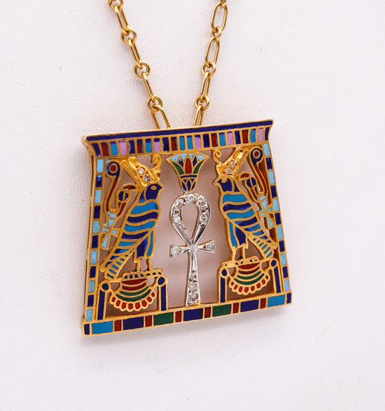 -French 1930 Art Deco Egyptian Revival Necklace in 18Kt Gold With Cloisonne And Diamonds