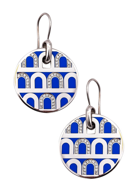 Davidor Paris Le Arc Colonnato Blue Enamel Dangle Earrings In 18Kt Gold With VVS Diamonds