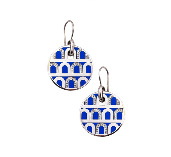 Davidor Paris Le Arc Colonnato Blue Enamel Dangle Earrings In 18Kt Gold With VVS Diamonds