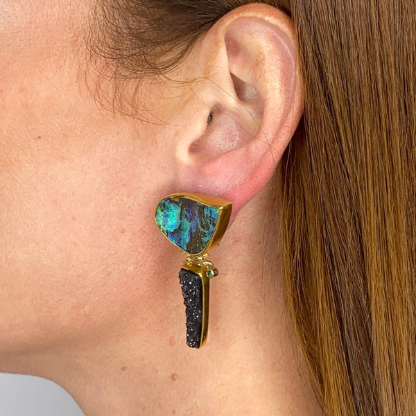 Jennifer Kalled Studio Modernist Drop Clip Earrings In 18Kt Gold With Opals Tsavorite & Druzy