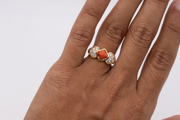 Christian Dior 1970 Paris 18 Karats Gold Ring With 1.96 Ctw In Diamonds And Coral