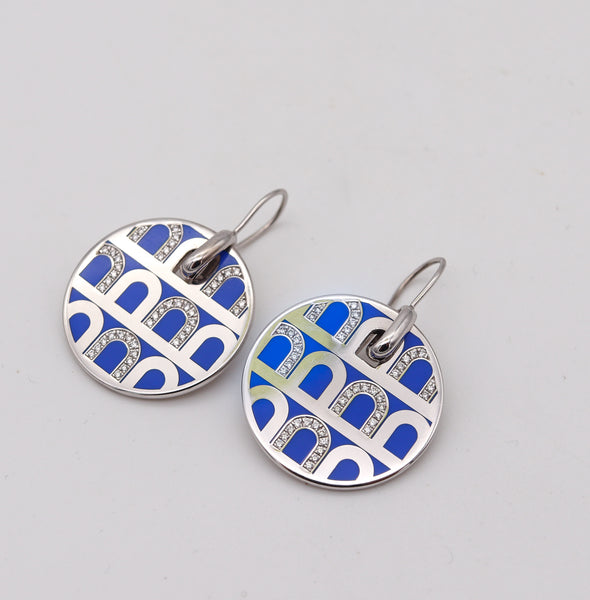 Davidor Paris Le Arc Colonnato Blue Enamel Dangle Earrings In 18Kt Gold With VVS Diamonds