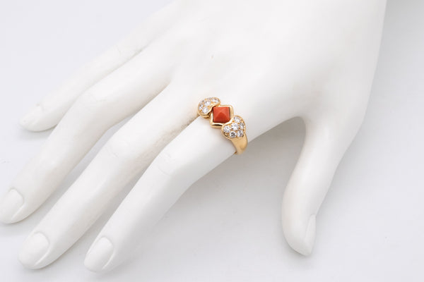 Christian Dior 1970 Paris 18 Karats Gold Ring With 1.96 Ctw In Diamonds And Coral