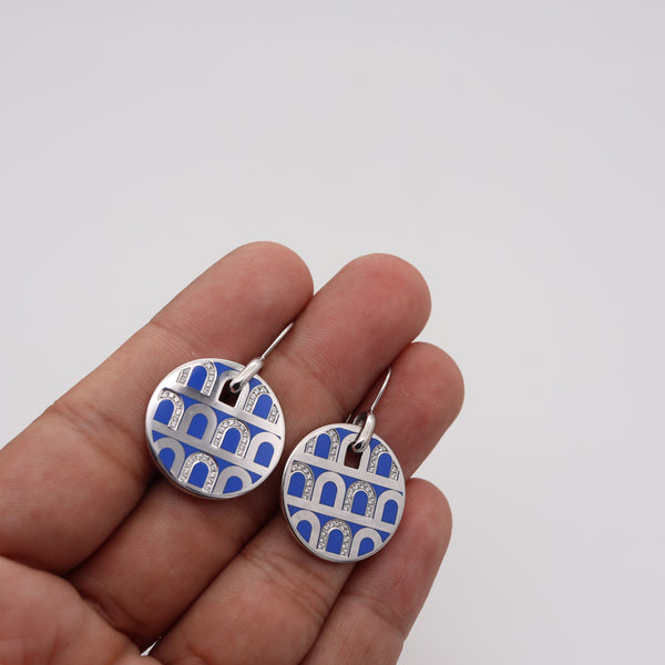 Davidor Paris Le Arc Colonnato Blue Enamel Dangle Earrings In 18Kt Gold With VVS Diamonds