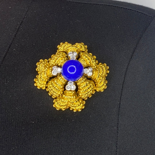 Classic Mid Century 1960 Maltese Pendant Brooch In 18Kt Gold With 21.73 Ctw In Diamonds And Lapis Lazuli