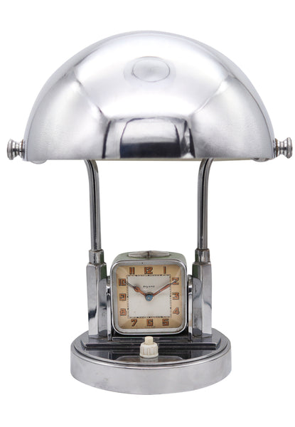 Bayard France 1930 Art Deco Desk Table Lamp And Alarm Clock In Stainless Steel