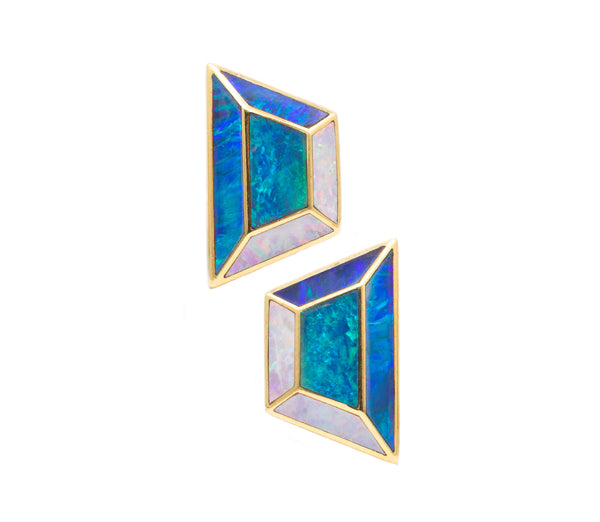 TIFFANY & CO. 1982 BY ANGELA CUMMINGS  RARE 18 KT GOLD GEOMETRIC EARRINGS WITH OPAL