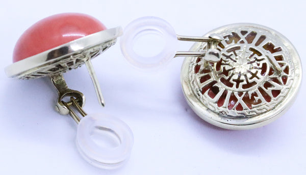 LARGE BUTTON VINTAGE 14 KT EARRINGS WITH PINK CORAL