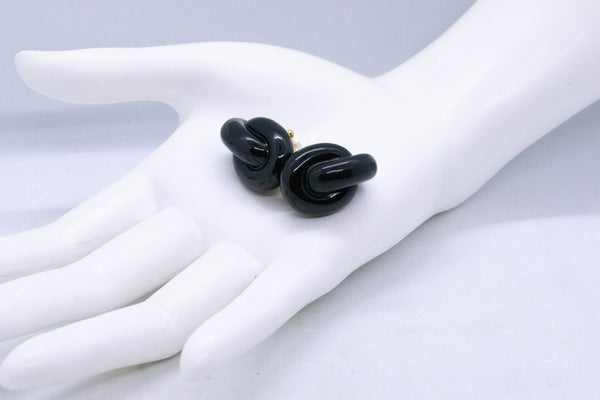 ANGELA CUMMINGS STUDIOS 18 KT GOLD KNOT EARRINGS IN BLACK JADE NEPHRITE