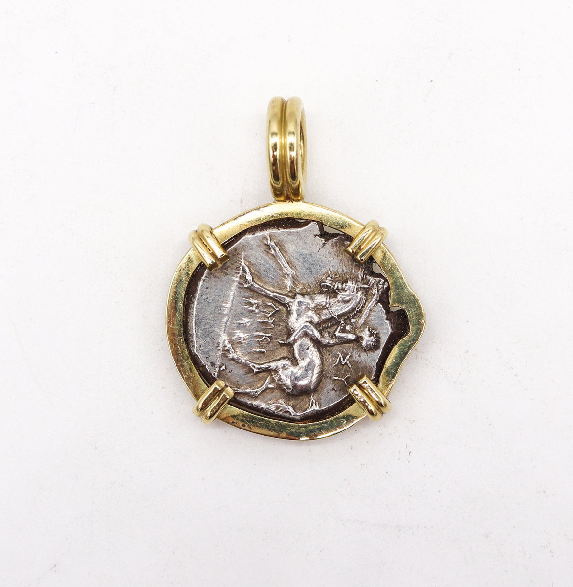 Ancient Greece 240 BC Tarentum Boy In A Dolphin Stater Nomos Framed In 18Kt  Yellow Gold