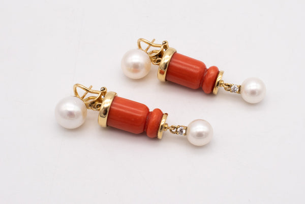 ITALIAN MODERN 18 KT GOLD DANGLE EARRINGS WITH DIAMONDS, CORAL & AKOYA PEARLS
