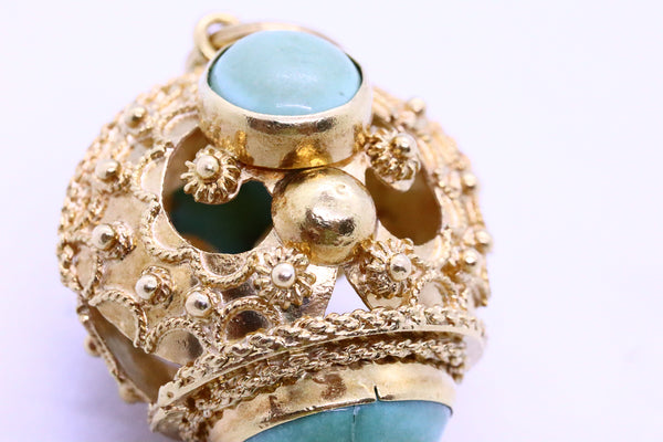 ITALIAN 18 KT GOLD ANTIQUE ETRUSCAN TURQUOISE CHARM