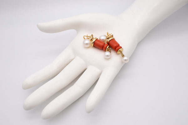 ITALIAN MODERN 18 KT GOLD DANGLE EARRINGS WITH DIAMONDS, CORAL & AKOYA PEARLS