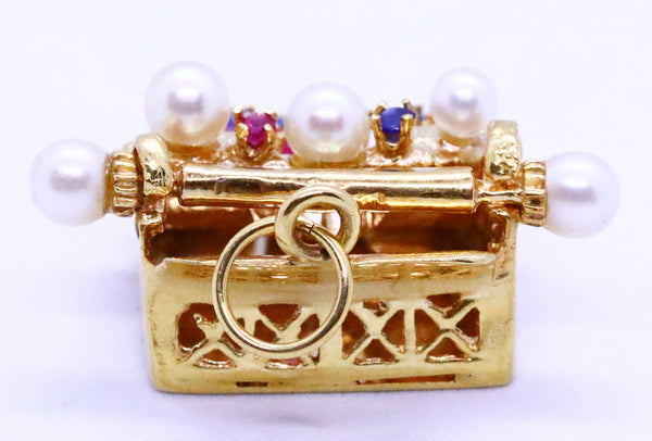 ITALIAN 18 KT GOLD VINTAGE "TYPEWRITING" CHARM WITH GEMSTONES & PEARLS