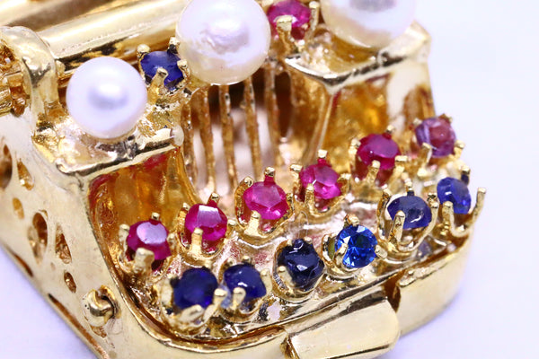 ITALIAN 18 KT GOLD VINTAGE "TYPEWRITING" CHARM WITH GEMSTONES & PEARLS