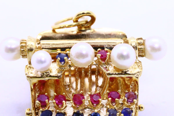 ITALIAN 18 KT GOLD VINTAGE "TYPEWRITING" CHARM WITH GEMSTONES & PEARLS