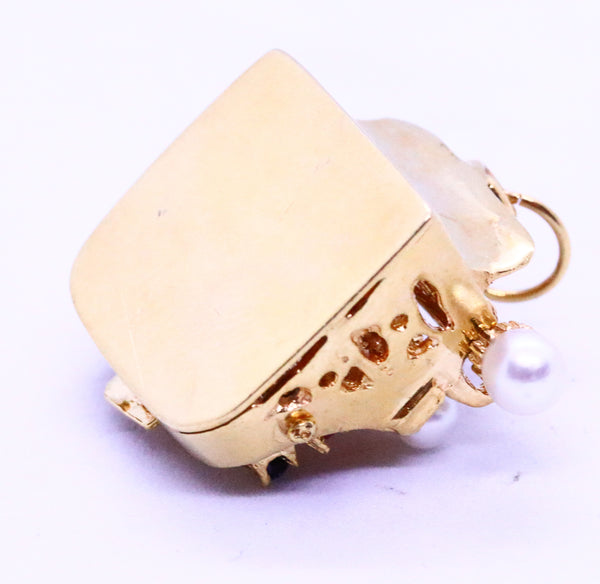 ITALIAN 18 KT GOLD VINTAGE "TYPEWRITING" CHARM WITH GEMSTONES & PEARLS