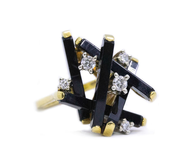 MODERNIST GEOMETRIC 18 KT JENGA RING WITH DIAMONDS AND BLACK ONYX