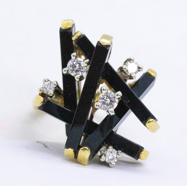 MODERNIST GEOMETRIC 18 KT JENGA RING WITH DIAMONDS AND BLACK ONYX