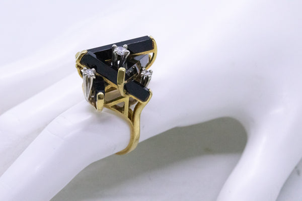 MODERNIST GEOMETRIC 18 KT JENGA RING WITH DIAMONDS AND BLACK ONYX