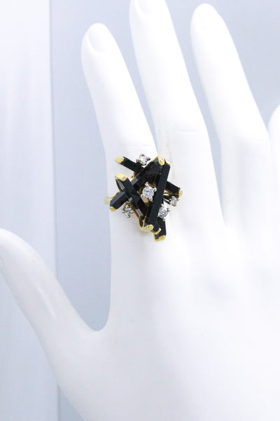 MODERNIST GEOMETRIC 18 KT JENGA RING WITH DIAMONDS AND BLACK ONYX