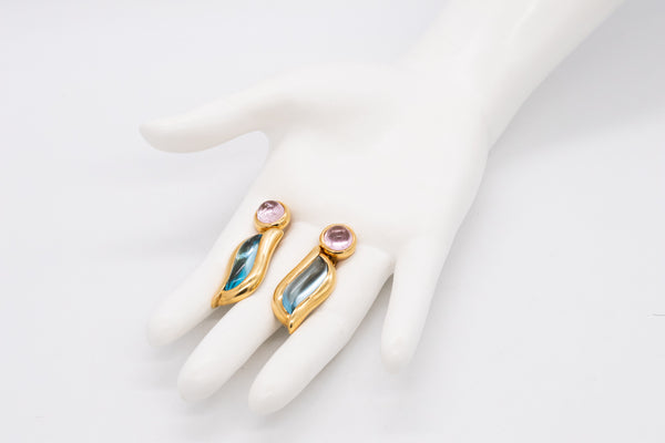 SeidenGang Long Earrings In 18Kt Yellow Gold With 28.18 cts Aquamarine & Pink Tourmaline
