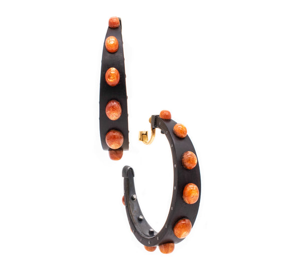 LUZ CAMINO 18 KT GOLD / STERLING EAR HOOPS IN WOOD WITH 20.82 Ctw OF DIAMONDS & GOLDEN QUARTZ