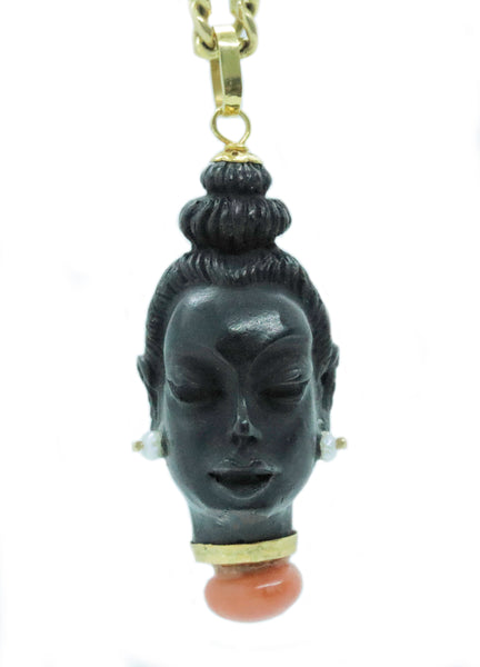 CORLETTO BLACKAMOOR ITALIAN 18 KT GOLD CHARM EBONY, CORAL & PEARLS