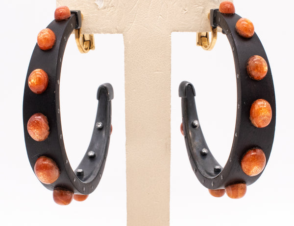 LUZ CAMINO 18 KT GOLD / STERLING EAR HOOPS IN WOOD WITH 20.82 Ctw OF DIAMONDS & GOLDEN QUARTZ