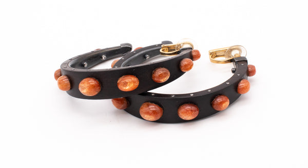 LUZ CAMINO 18 KT GOLD / STERLING EAR HOOPS IN WOOD WITH 20.82 Ctw OF DIAMONDS & GOLDEN QUARTZ