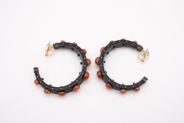 LUZ CAMINO 18 KT GOLD / STERLING EAR HOOPS IN WOOD WITH 20.82 Ctw OF DIAMONDS & GOLDEN QUARTZ