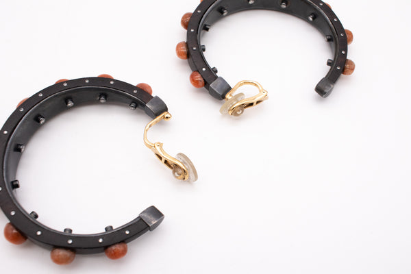 LUZ CAMINO 18 KT GOLD / STERLING EAR HOOPS IN WOOD WITH 20.82 Ctw OF DIAMONDS & GOLDEN QUARTZ