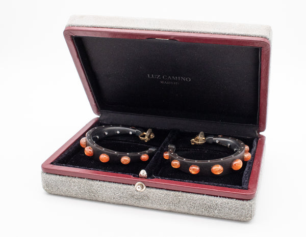 LUZ CAMINO 18 KT GOLD / STERLING EAR HOOPS IN WOOD WITH 20.82 Ctw OF DIAMONDS & GOLDEN QUARTZ