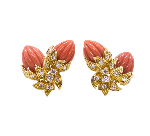 ELEGANT CORAL 18 KT YELLOW GOLD EARRINGS WITH 1.35 Cts DIAMONDS