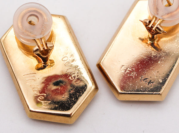 -Victor Vasarely 1985 Op Art Sculptural Geometric Earrings In 14Kt Gold With Gemstones